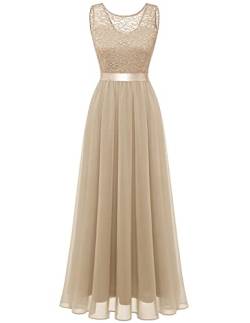 Berylove Damen Abendkleid Elegant Cocktailkleid Lang Brautjunferkleid Chiffon Spitzen Kleid Hochzeit Party BLP7025 Champagne 3XL von Berylove