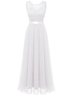 Berylove Damen Abendkleid Elegant Cocktailkleid Lang Brautjunferkleid Chiffon Spitzen Kleid Hochzeit Party Weiß BLP7025 White M von Berylove