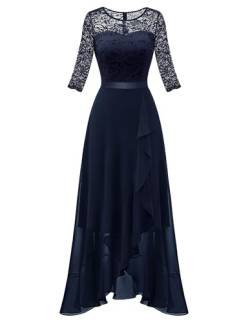 Berylove Damen Abendkleid Elegant Für Hochzeit Schlitz Brautkleid Lang Cocktailkleid Frühling Langarm Festliche Kleider BLP7069 Navy 2XL von Berylove