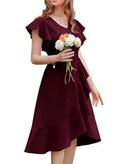 Berylove Damen Abendkleid Lang mit ärmeln Vokuhila Kleider Festliches Kleid Hochzeit Cocktail Kleid Ballkleid Kurz BLP7059 Burgundy 3XL von Berylove