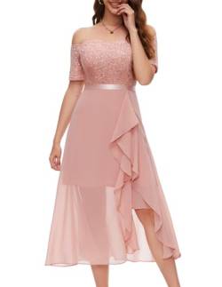 Berylove Damen Abendkleider Glitzer Lang Kleid für Hochzeitsgäste Spitzenkleid Partykleid Damen Elegant Brautjungfernkleid für Hochzeit Cocktailkleid BLP7085 Blush S von Berylove