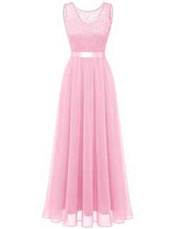 Berylove Damen Kleid Lang Elegant für Hochzeit Chiffon Abendkleid Abschlusskleid Cocktailkleid Spitze Rosa BLP7025 Pink 2XL von Berylove