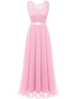 Berylove Damen Kleid Lang Elegant für Hochzeit Chiffon Abendkleid Abschlusskleid Cocktailkleid Spitze Rosa BLP7025 Pink XL von Berylove