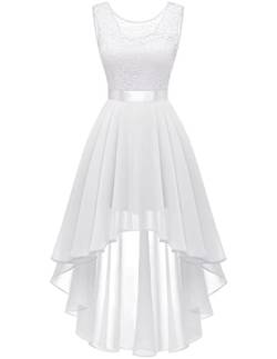 Berylove Damen Kleid Weiß Elegant Spitzenkleid Vokuhila Cocktailkleid Ärmellos Abendkleid Chiffon Brautjungfernkleid BLP7035 White 2XL von Berylove