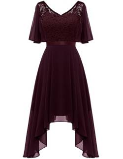 Berylove Damen Spitze Abendkleid Elegant V-Ausschnitt Asymmetrisch Saum Swing Cocktailkleider Rüschen Schlitz Ärmel Midikleid BLP7057 Burgundy M von Berylove