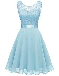 Berylove Damen Spitzenkleid Brautjungfer Elegant Party Knielang Cocktailkleid Chiffon Ärmellos BLP7005 B-Light Blue XS von Berylove