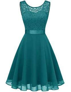 Berylove Damen Spitzenkleid Brautjungfer Elegant Party Knielang Cocktailkleid Chiffon Ärmellos BLP7005 B-Peacock Green L von Berylove