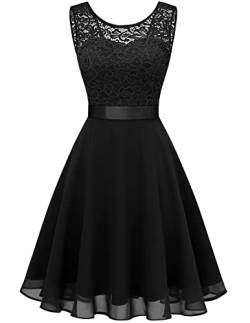 Berylove Damen Spitzenkleid Brautjungfer Elegant Party Knielang Cocktailkleid Chiffon Ärmellos BLP7005B-Black2XL von Berylove