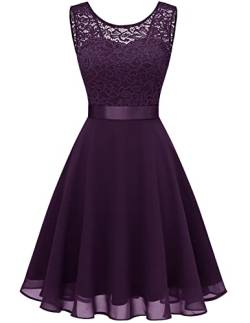 Berylove Damen Spitzenkleid Brautjungfer Elegant Party Knielang Cocktailkleid Chiffon Ärmellos BLP7005B-GrapeM von Berylove