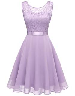 Berylove Damen Spitzenkleid Brautjungfer Elegant Party Knielang Cocktailkleid Chiffon Ärmellos BLP7005B-LavenderL von Berylove