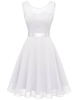 Berylove Damen Spitzenkleid Brautjungfer Elegant Party Knielang Cocktailkleid Chiffon Ärmellos BLP7005B-WhiteL von Berylove