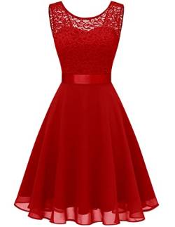 Berylove Damen Spitzenkleid Brautjungfer Elegant Party Knielang Cocktailkleid Chiffon Ärmellos Rot BLP7005 B-Red 3XL von Berylove