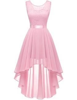 Berylove Damen Spitzenkleid Elegant Vokuhila Cocktailkleid Ärmellos Abendkleid Chiffon Brautjungfer Kleid BLP7035 Pink XL von Berylove