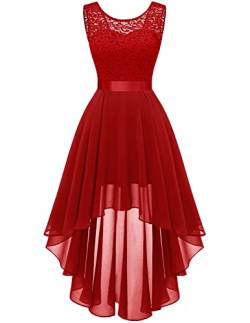 Berylove Damen Spitzenkleid Elegant Vokuhila Cocktailkleid Ärmellos Abendkleid Chiffon Brautjungfer Kleid BLP7035 Red XL von Berylove