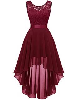 Berylove Damen Spitzenkleid Elegant Vokuhila Cocktailkleid Hochzeitskleid Rot Ärmellos Abendkleid Chiffon Brautjungfernkleid Dunkelrot BLP7035 DarkRed L von Berylove