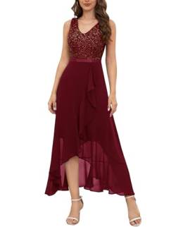 Berylove Kleid Damen Festlich Abendkleider Elegant für Hochzeit Lang Ballkleider Damen Lang Glitzer Kleid Vorne Kurz Hinten Lang BLS0015 Burgundy XL von Berylove