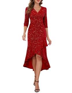 Berylove Glitzer Kleid Damen Sportlich Abendkleider Lang Mit Ärmeln Frauen Kleider Luxus Rot Kleider+Für+Hochzeitsgäste BLP7065 Red M von Berylove