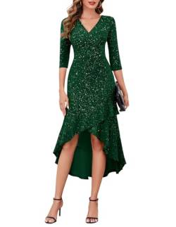 Berylove Kleid Winter Damen Langarm Glitzer Kleid mit Fischschwanz Winterkleid Ballkleid Damen Lang V Ausschnitt 7065 DarkGreen L von Berylove