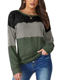 BesserBay Damen Bequem Langarmshirt Rundhalsausschnitt mit Schwarzer Spitze Sweatshirt Grau Grün XXL von BesserBay