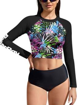 BesserBay Damen Druck Badeanzug Surf Shirt Bauchfrei UV Shirts Sonnenschutz UPF 50+ Langarm Rash Guard XL von BesserBay