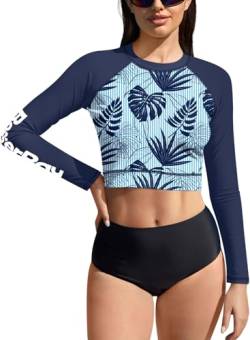 BesserBay Damen Druck Badeanzug Surf Shirt Bauchfrei UV Shirts Sonnenschutz UPF 50+ Navy Rash Guard XL von BesserBay