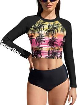 BesserBay Damen Druck Badeanzug Surf Shirt Bauchfrei UV Shirts UPF 50+ Schwarz Rosa Langarm Rash Guard XL von BesserBay