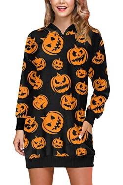 BesserBay Damen Halloween Motto-Party Dress Women Funny Lustiges Kostüm mit Kürbis Groß Kapuze Lang Ärmeln Kleider Orange M von BesserBay