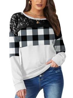 BesserBay Damen Lässig Langarmshirt mit Schwarzer Spitze Rundhalsausschnitt Sweatshirt Kariert Weiß XL von BesserBay