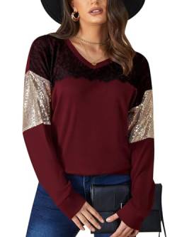 BesserBay Damen Lässig Langarmshirt mit Schwarzer Spitze V-Ausschnitt Sweatshirt Claret XL von BesserBay