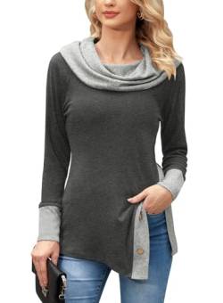 BesserBay Damen Patchwork-Farben Knöpfe-Design Pullover Sweatshirt Grau Langarm Rollkragen Oberteile M von BesserBay