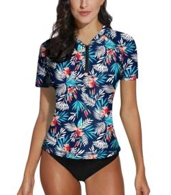 BesserBay Damen Schwimmen Sonnenschutz Rash Guard Badeanzug mit Kurzarm und 1/4 Zip Surfshirt Tankini UPF 50+ XXL von BesserBay