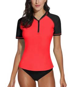 BesserBay Damen Surf Shirt Sonnenschutz Rashguard Shirt Kurzarm Schnelltrocknend Badeanzug Rot und schwarz XL von BesserBay