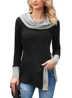 BesserBay Damen Top Seitenschlitz Pullover Langärmelig mit großem Kragen Schwarz Sweatshirt Oberteile XXL von BesserBay