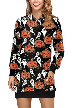 BesserBay Halloween Motto Party Dress Frauen Bunt Funny Kostüme mit Geist Kürbis Taschen Arme Lang Kleid Orange S von BesserBay