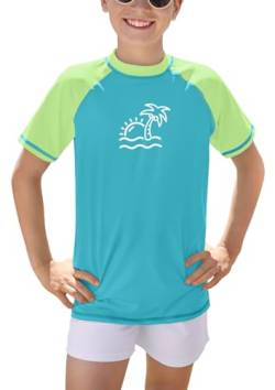BesserBay Kinder Kurzarm Schnell Trocknend Badeshirt UV Shirt Blau Grün Swimsuit Bademode Rashguard 120 von BesserBay