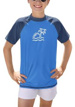 BesserBay Kinder Rundhals UPF 50+ Badeshirt UV Shirt Blau Kurzarm Swimsuit Bademode Rashguard 130 von BesserBay