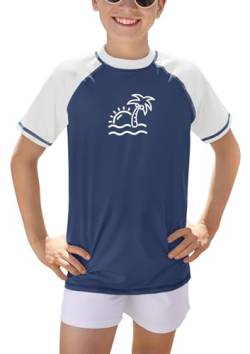 BesserBay Kinder Rundhals UPF 50+ Badeshirt UV Shirt Blau Weiß Grün Swimsuit Kurzarm Bademode Rashguard 140 von BesserBay