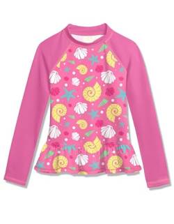 BesserBay Mädchen Badeanzug Druck UV Shirt UPF 50+ Sonnenschutz Rüschensaum Rosa Langarm Rash Guard 150 von BesserBay