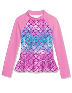 BesserBay Mädchen Druck Badeanzug UV Shirt Rüschensaum UPF 50+ Sonnenschutz Violett Langarm Rash Guard 140 von BesserBay