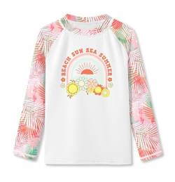 BesserBay Mädchen Druck Badeanzug UV Shirt Rundhals UPF 50+ Sonnenschutz Weiß Orange Langarm Rash Guard 140 von BesserBay