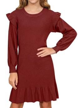BesserBay Volantärmel Rüsche Puffärmel Kleid Mädchen Pulloverbündchen Winter Elegant Strickkleid Mädchen Rot 120 von BesserBay