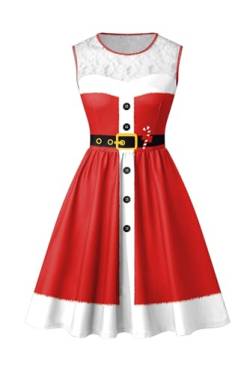 BesserBay Weihnachten Damen Kleid Spitzenkleid Ballkleid Druck Ärmellos Party Swing Weihnachtskleid S von BesserBay