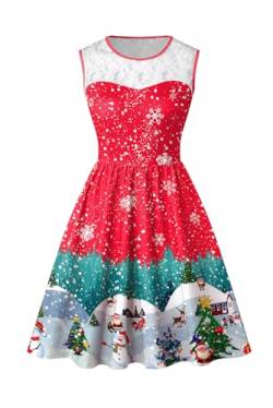 BesserBay Weihnachten Damen Kleid Spitzenkleid Rundhals Druck Ärmellos Party Swing Weihnachtskleid S von BesserBay