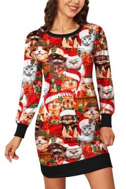 BesserBay Weihnachten Damen Langarm Weihnachtskleid Rundhals Lustige Christmas Midikleid Katze L von BesserBay