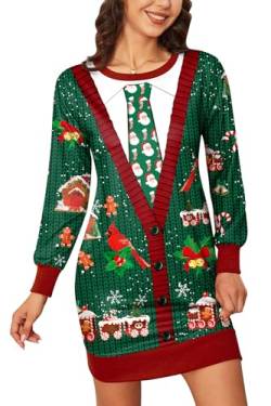 BesserBay Weihnachten Damen Party Kleid Langarm Rundhals Lustige Christmas Midikleid Grüne Krawatte M von BesserBay