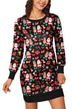 BesserBay Weihnachten Damen Weich Kleid Christmas Rundhals Lustige Langarm Midikleid Weihnachtsmann XXL von BesserBay