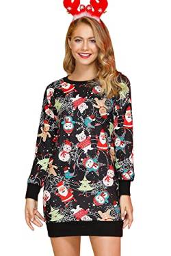 BesserBay Weihnachten Damen Weihnachtskleid Christmas Rundhals Lustige Langarm Midikleid Schneemann L von BesserBay