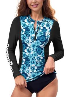 Damen Langarm UV Shirt Schnelltrocknend 1/4 Zip UPF 50+ Rash Guard Blau & Flora L von BesserBay