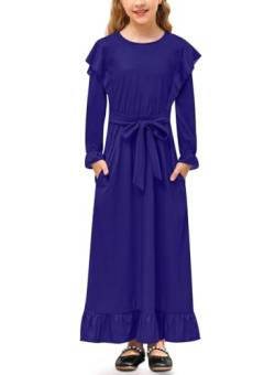 Mädchen Herbst Kleid A-Linie Ruffle Langarm Freizeitkleid mit Gürtel und Taschen Blau 130 von BesserBay