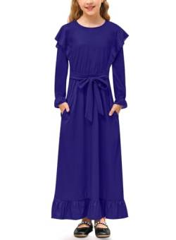 Mädchen Lässig Kleid mit Gürtel und Taschen A-Linie Ruffle Langarm Maxikleid Blau 120 von BesserBay